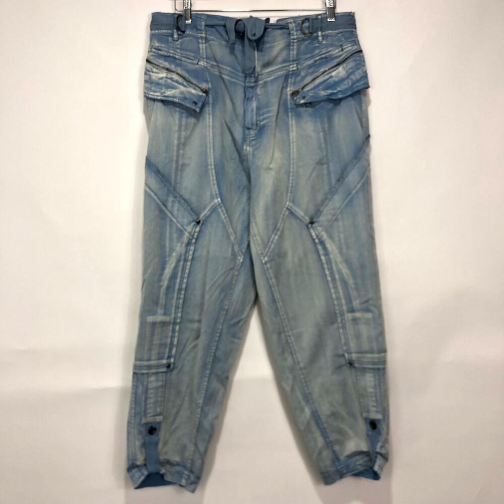 Free People The Cargo Utility Pant Jean Pockets Tie Oversize Fade Blue L